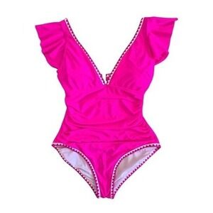 Aidonger Hot Pink Ruffled One Piece Swimsuit Ric Rac Trim Ruched Size Medium